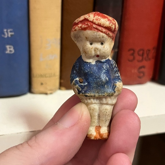 VTG Vintage Japan Miniature Bisque Ceramic Newsboy Red and Blue Penny Doll - Picture 2 of 7
